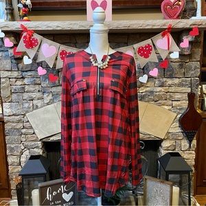 NWT Luckymore Buffalo Plaid Cuffed Blouse Size 2XL